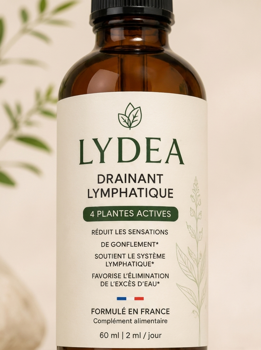 Étiquette du flacon LYDEA Drainant Lymphatique en gros plan : 4 plantes actives, formulé en France, 60 ml