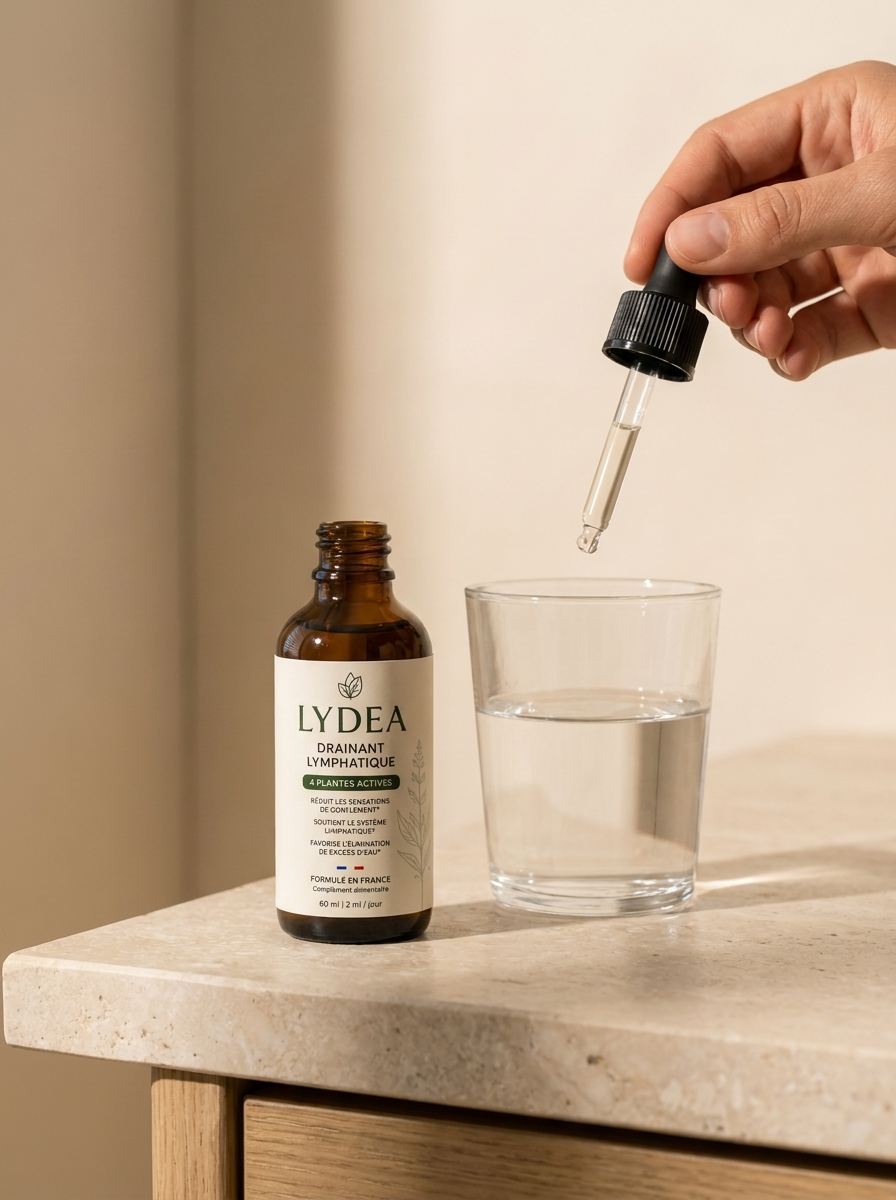 Rituel du matin : pipette LYDEA au-dessus d'un verre d'eau, sur un plan de travail en pierre claire