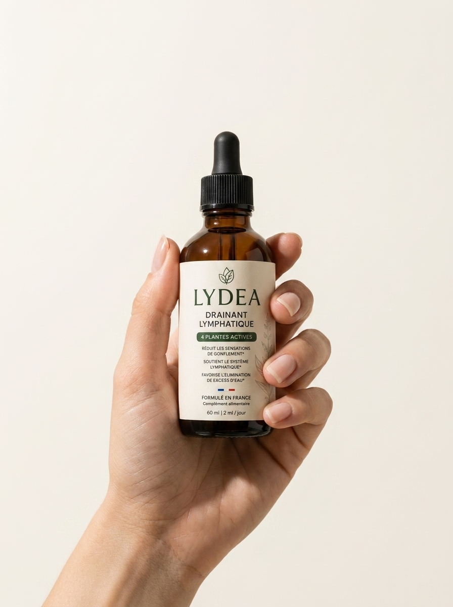 Flacon LYDEA Drainant Lymphatique tenu dans une main, sur fond crème